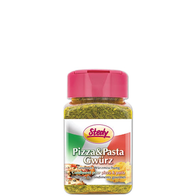Kleine Streuerflasche Stedy Pizza & Pasta Gwürz mit sichtbarem Etikett.