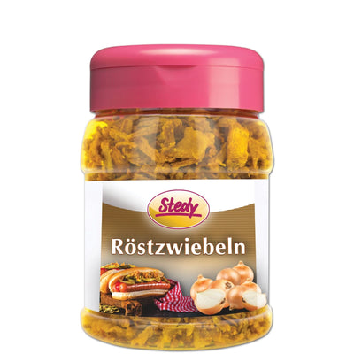 Stedy Röstzwiebeln im Glas mit goldbraunen Zwiebelstücken und Etikett